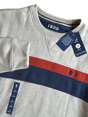 Izod Sweatshirt Men’s L Beige Colorblock Crewneck Red Navy Stripe NWT